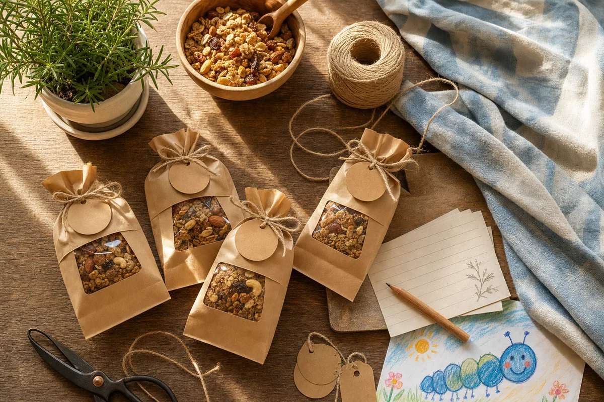 Homemade snacks being hand-packaged in kraft paper bags on a wooden table, with a child's crayon drawing of a blue caterpillar in the corner