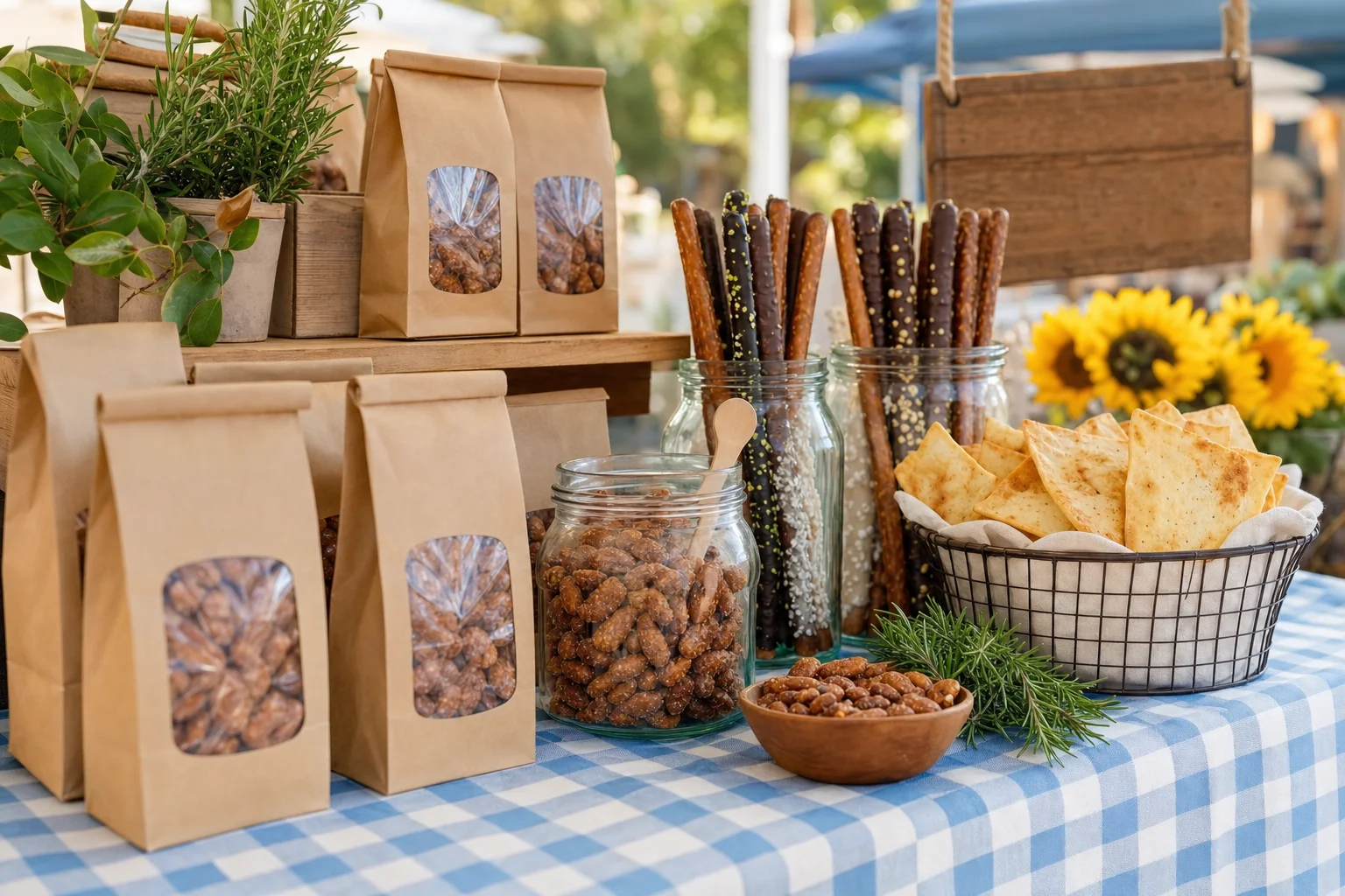 A farmers market snack stand with kraft paper bags of cinnamon sugar nuts, chocolate covered pretzel sticks, and pita chips on a blue gingham tablecloth