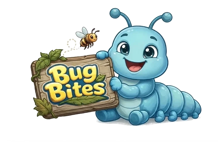 BugBites mascot: a smiling blue caterpillar holding a wooden sign that reads Bug Bites, with a bee flying beside it