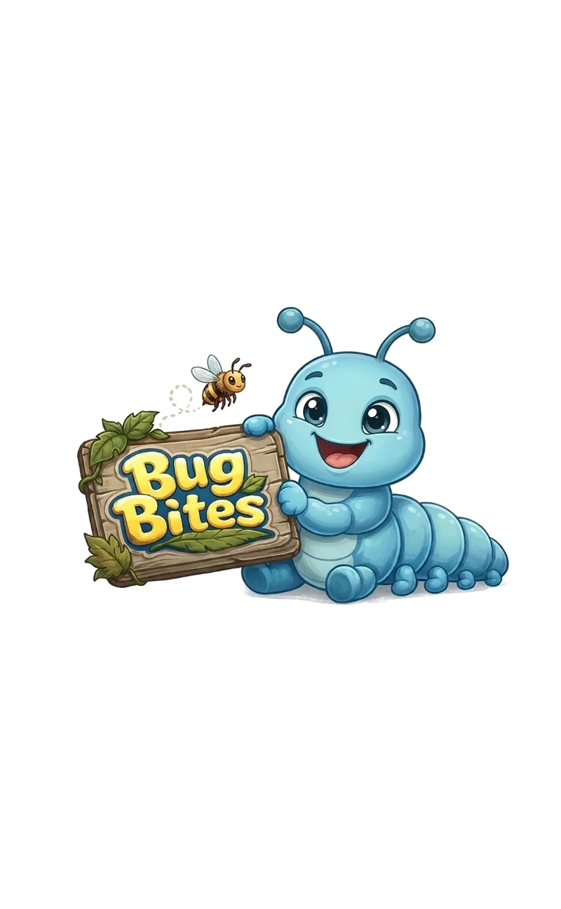 BugBites mascot, a smiling blue caterpillar with a bee