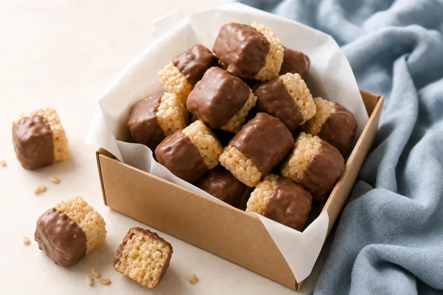 Chocolate dipped marshmallow crispy rice treat bites in a kraft box