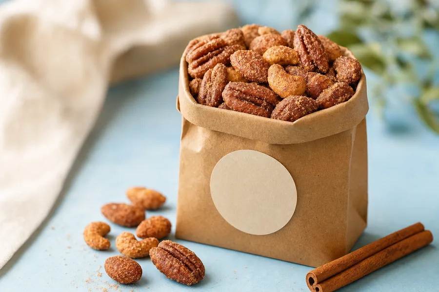 Kraft bag of cinnamon and sugar coated assorted nuts